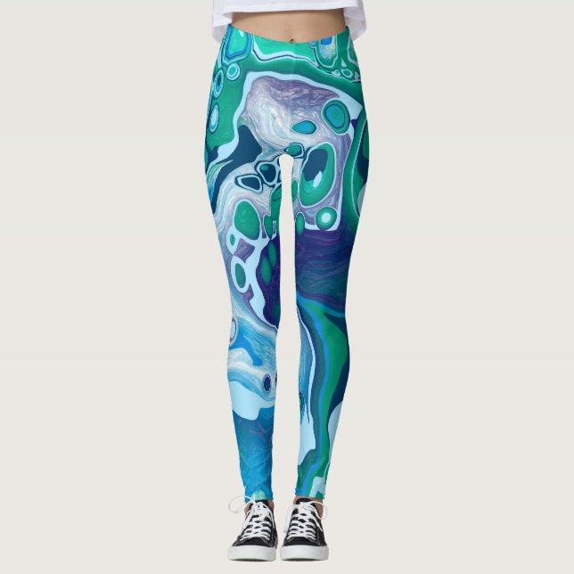 Blue Grönt Digital Marble Fluid Art Leggings (Framsida)