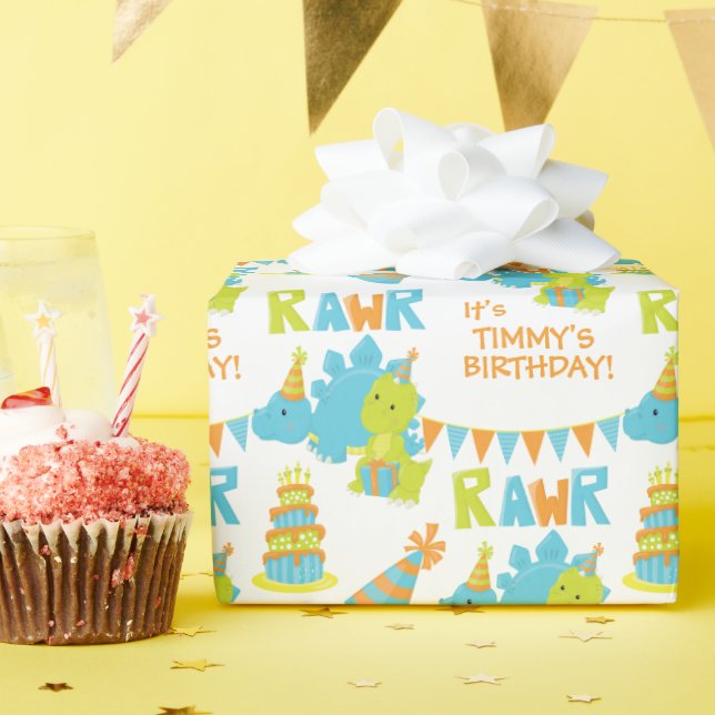 Blue Grönt Dinosaur Party Barns födelsedag Presentpapper (Födelsedagsfest)