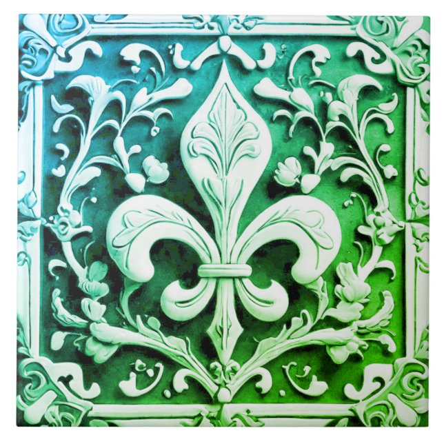 Blue Grönt Fleur de Lis Kakelplatta (Framsidan)