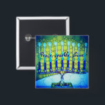 Blue Grönt Hanukkah Menorah Peace Gnistra Shine Knapp<br><div class="desc">"Fred, gnistra, skina." Ett närliggande foto av en ljus, färgstark, blå och grönt artsy-menorah hjälper dig in i helgdag av Hanukkkah i stil. Känn julhelgens värme och glädje när du bäror den här chicen, färgstark Hanukkah-knapp. Matchningskort, porto, klistermärken, kuddar, husvagnar, totepåsar och andra produkter finns också tillgängliga i min "Hanukkah...</div>