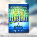 Blue Grönt Hanukkah Menorah Shine Bright Anpassnin Helgkort<br><div class="desc">"Shine bright hela säsongen. Lycklig Hanukkah." En närbild av en ljus, färgstark, färgstark, tealblått grönt-artsy-menorah hjälper dig att tränga in i Hanukkah-helgdag. Känn julhelgens värme och glädje när du skickar detta fantastiska, färgstarka Hanukkah-hälsningskort. På insidan anpassar du dig med hälsning och namn eller tar bort helt för din handskrivna anteckning....</div>