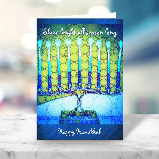 Blue Grönt Hanukkah Menorah Shine Bright Quote Helgkort (Skapare uppladdad)