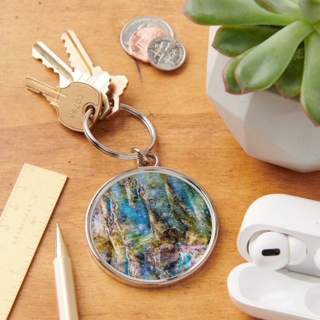 Blue Grönt Labradorite Gemstone Rund Silverfärgad Nyckelring (Skrivbord)
