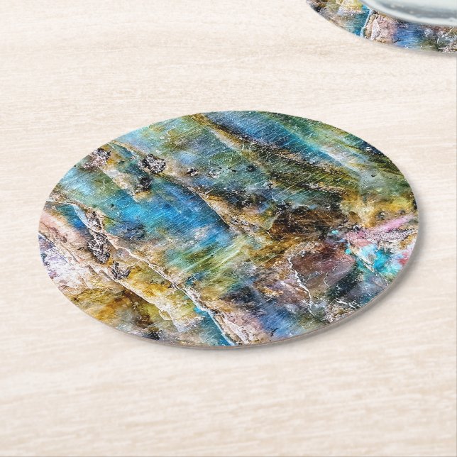 Blue Grönt Labradorite Gemstone Underlägg Papper Rund (Vinklad)