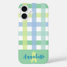 Blue Grönt Lime Pastel Gingham Mönster Monogram
