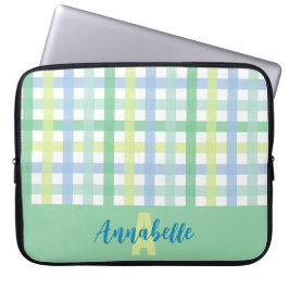 Blue Grönt Lime Pastel Gingham Mönster Monogram Laptop Fodral