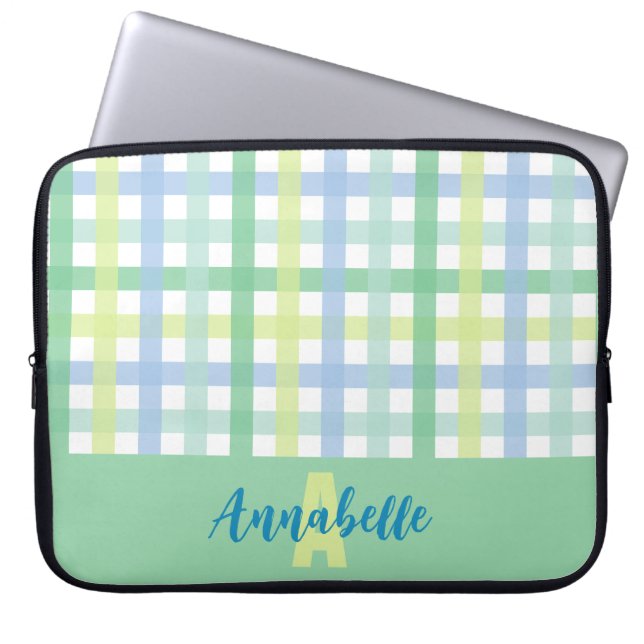Blue Grönt Lime Pastel Gingham Mönster Monogram Laptop Fodral (Framsidan)