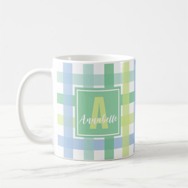 Blue Grönt Lime Pastel Modern Gingham Monogram Kaffemugg (Vänster)