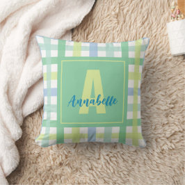 Blue Grönt Lime Pastel Modern Gingham Monogram Kudde