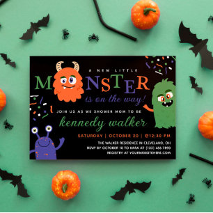 Blue Grönt Little Monster Halloween Baby Shower Inbjudningar