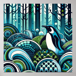 Blue Grönt Lovey Penguin Outdoor Forest Abstrakt Poster