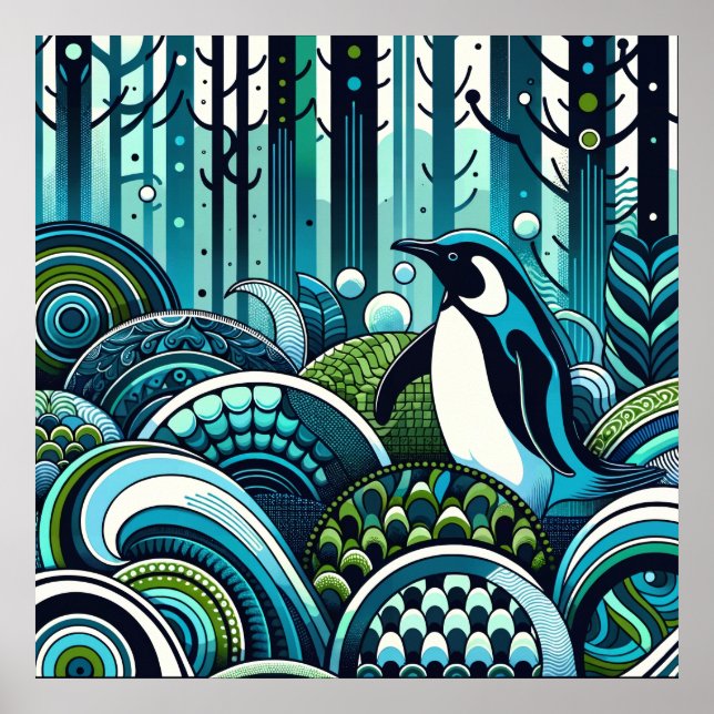 Blue Grönt Lovey Penguin Outdoor Forest Abstrakt Poster (Framsidan)
