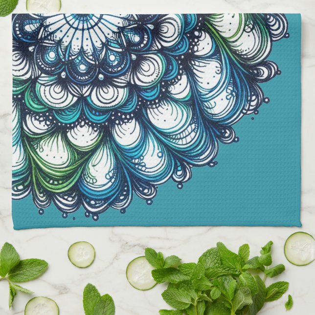 Blue Grönt Medallion - Abstrakt Kökshandduk (Vikta)