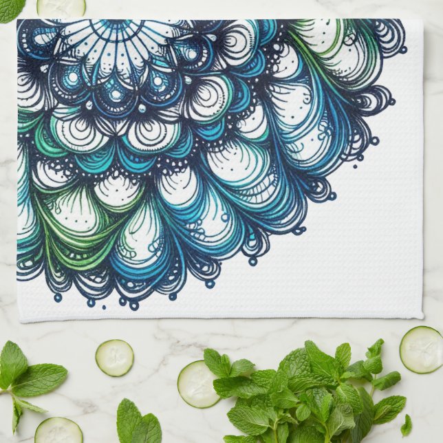 Blue Grönt Medallion - Abstrakt Kökshandduk (Vikta)