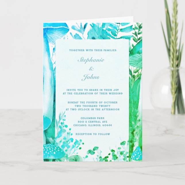 Blue Grönt Mushroom Woodland Abstrakt Boho Bröllop Inbjudan (Framsida)