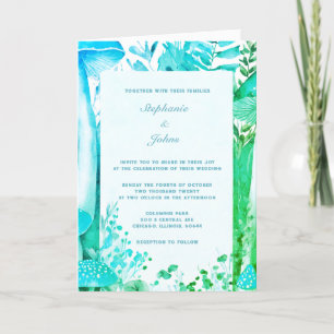 Blue Grönt Mushroom Woodland Abstrakt Boho Bröllop Inbjudan