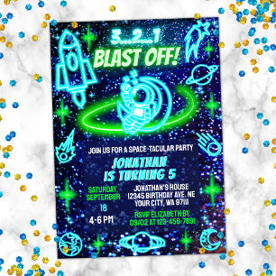 Blue Grönt Neon Glowing Rymden Boys Birthday Inbjudningar