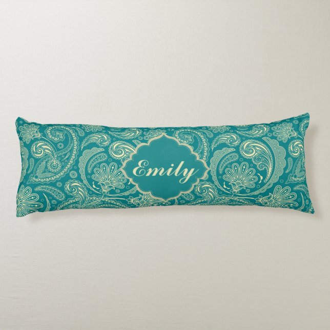 Blue-Grönt och Beige Creme Vintage Paisley Kroppskudde (Baksidan)