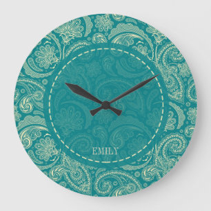 Blue-Grönt och Beige Creme Vintage Paisley Stor Klocka