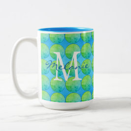 Blue Grönt Polka Dot Monogram Två-Tonad Mugg