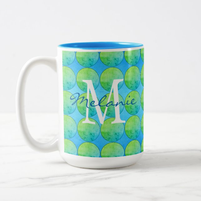 Blue Grönt Polka Dot Monogram Två-Tonad Mugg (Vänster)