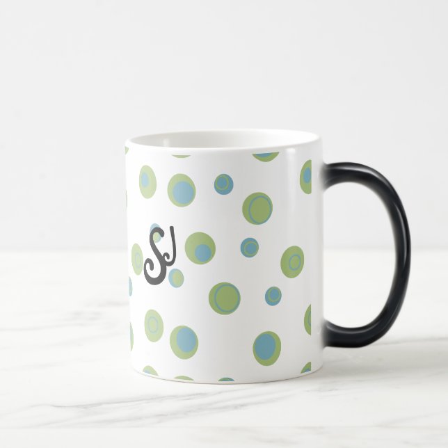 Blue Grönt Polka dots Monogrammed Magisk Mugg (Höger)