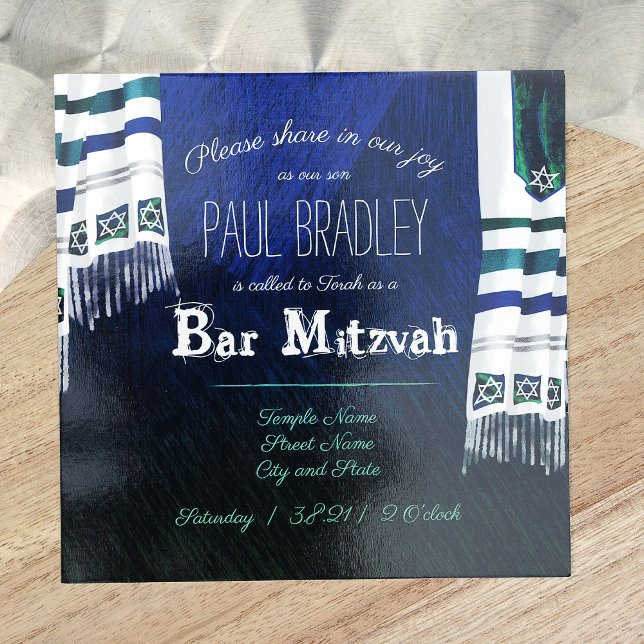Blue, Grönt Prayer Shawl Pub Mitzvah-inbjudan Inbjudningar (Dark Blue and Teal Green Bar Mitzvah Invitation with Striped Silver Prayer Shawls, Tallit Design)