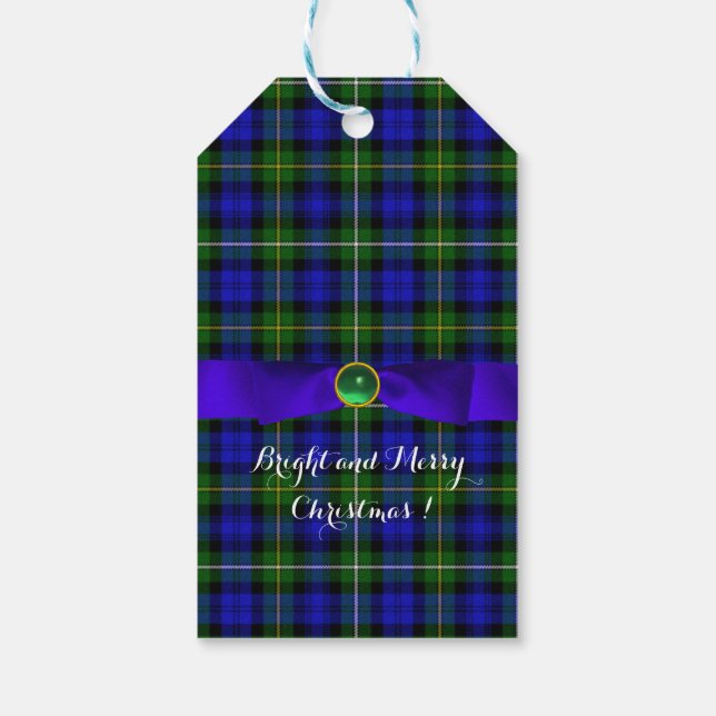 BLUE GRÖNT SCOTTISH TARTAN MED CHRISTMAS BOWS PRESENTETIKETT (Baksidan)