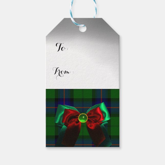 BLUE GRÖNT SCOTTISH TARTAN MED CHRISTMAS BOWS PRESENTETIKETT (Framsidan)