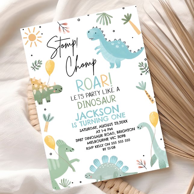 Blue Grönt Stomp Chomp Party Dinosaur 1:a födelsed Inbjudningar (Blue Green Stomp Chomp Roar Party Like A Dinosaur 1st Birthday Invitation Boy, Dino Birthday Party )