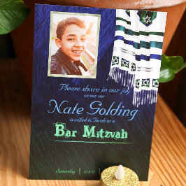 Blue & Grönt Tallit Pub Mitzvah-inbjudan Inbjudningar