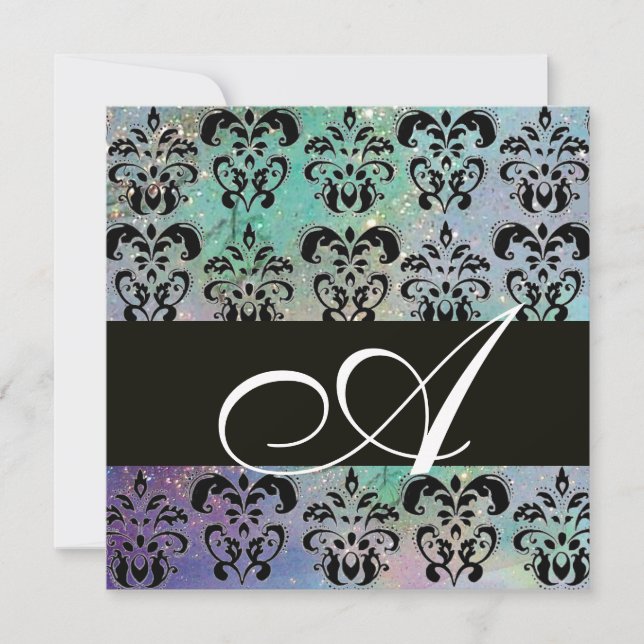 BLUE GRÖNT TEAL BLACK DAMASK MONOGRAM, vit Inbjudningar (Framsida)