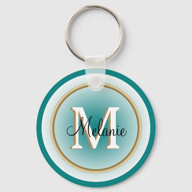 Blue Grönt Teal och Faux Guld Namn och Initial Nyckelring (Framsida)