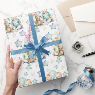 Blue Grönt Twin Pojke Baby Shower eller Nyfödd beb Presentpapper