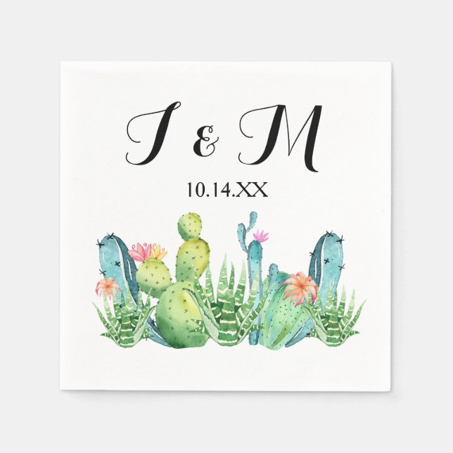 Blue Grönt Watercolor Cactus Party Cocktail Napkin Pappersservett (Framsidan)