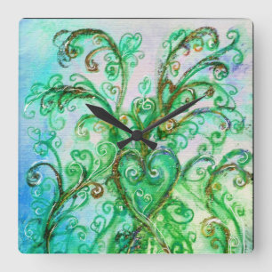 BLUE GRÖNT WHIMSICAL FLOURISHES with HEART Fyrkantig Klocka