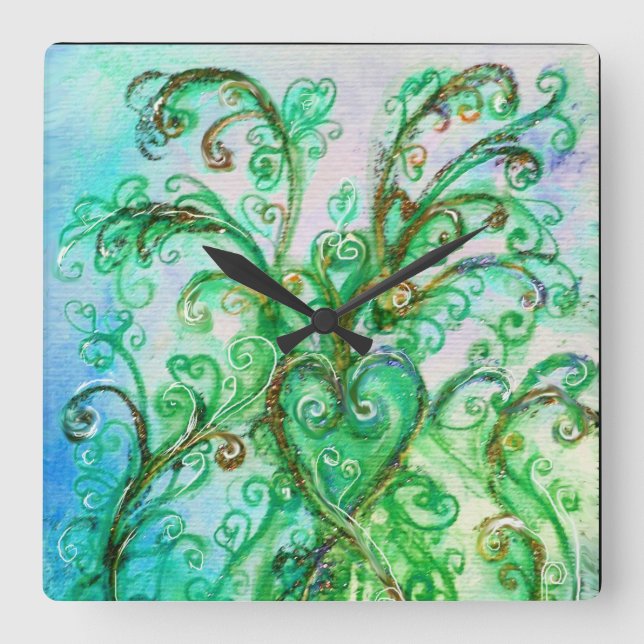 BLUE GRÖNT WHIMSICAL FLOURISHES with HEART Fyrkantig Klocka (Framsida)