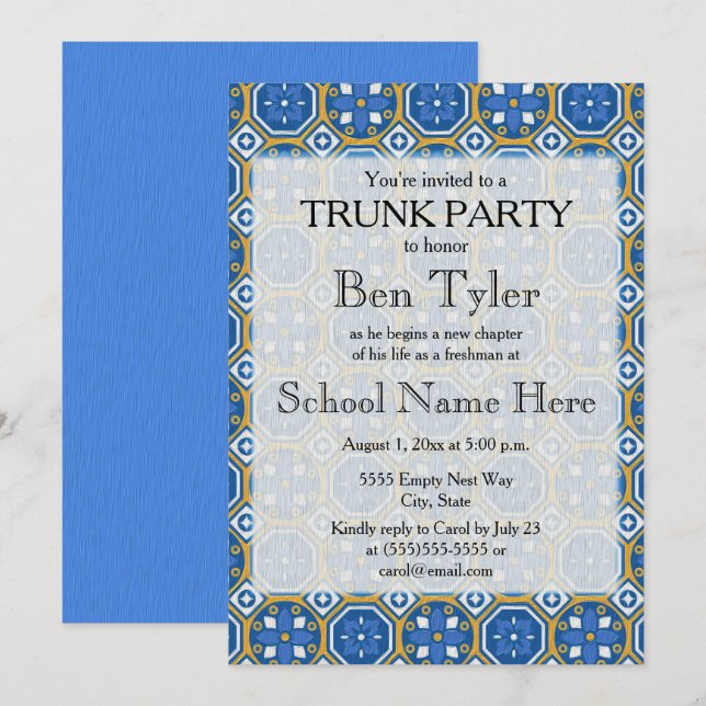 Blue Grönt White Ethnic Mosaic Trunk Party Inbjudningar (Fram/baksida)