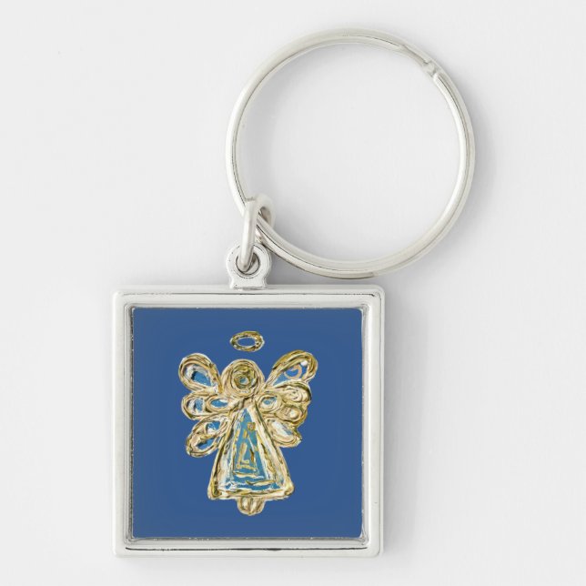 Blue Guardian Angel Art Anpassningsbar Keychains Fyrkantig Silverfärgad Nyckelring (Framsidan)