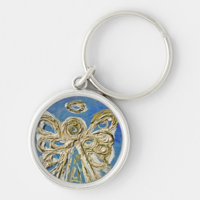Blue Guardian Angel Art Anpassningsbar Pendant Key Rund Silverfärgad Nyckelring (Framsidan)