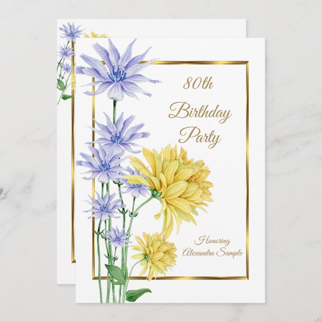 Blue Gula blommor Guld Födelsedagsfest Inbjudan (Fram/baksida)