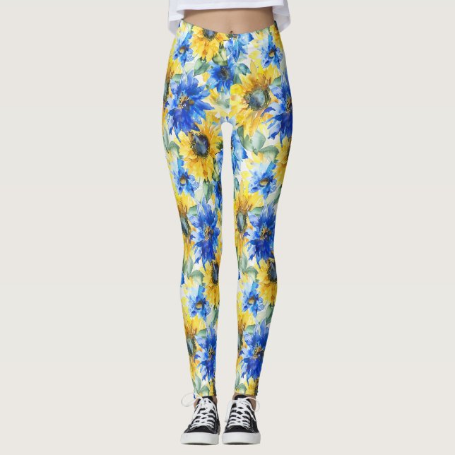 Blue Gula blommor Leggings (Framsida)