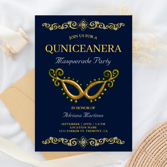 Blue Guld 15:e födelsedagen, maskerad Quinceanera Inbjudningar (Skapare uppladdad)