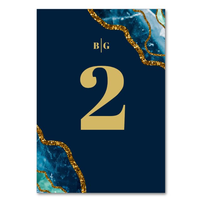 Blue & Guld Agate Geode Glitter Bröllop Bordsnummer (Framsidan)