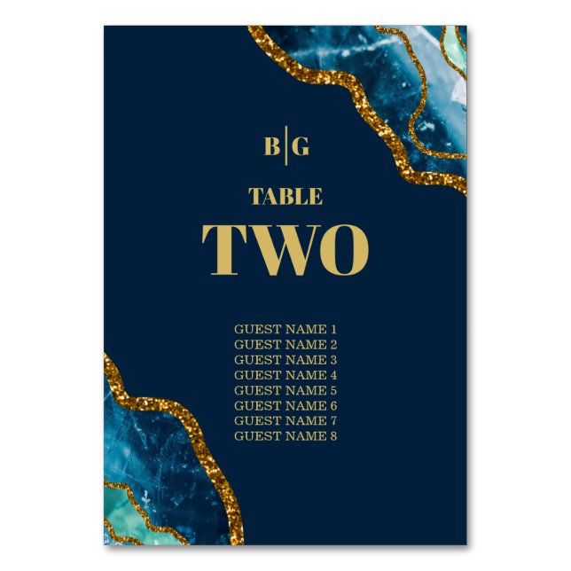 Blue & Guld Agate Geode Glitter Bröllop Bordsnummer (Framsidan)