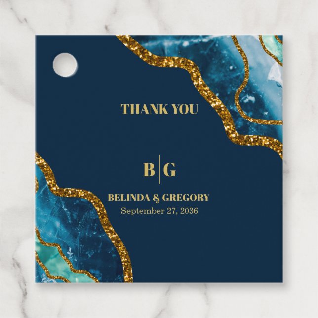 Blue & Guld Agate Geode Glitter Bröllop Gåvor Etiketter (Framsida)