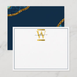 Blue & Guld Agate Geode Glitter Monogram Anteckningskort