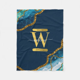 Blue & Guld Agate Geode Glitter Monogram Fleecefilt