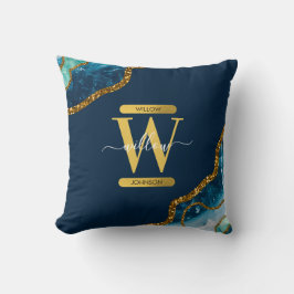 Blue & Guld Agate Geode Glitter Monogram Kudde