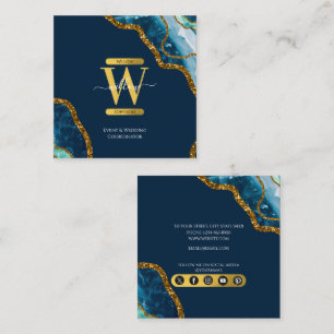 Blue & Guld Agate Geode Glitter Monogram Marble Fyrkantigt Visitkort
